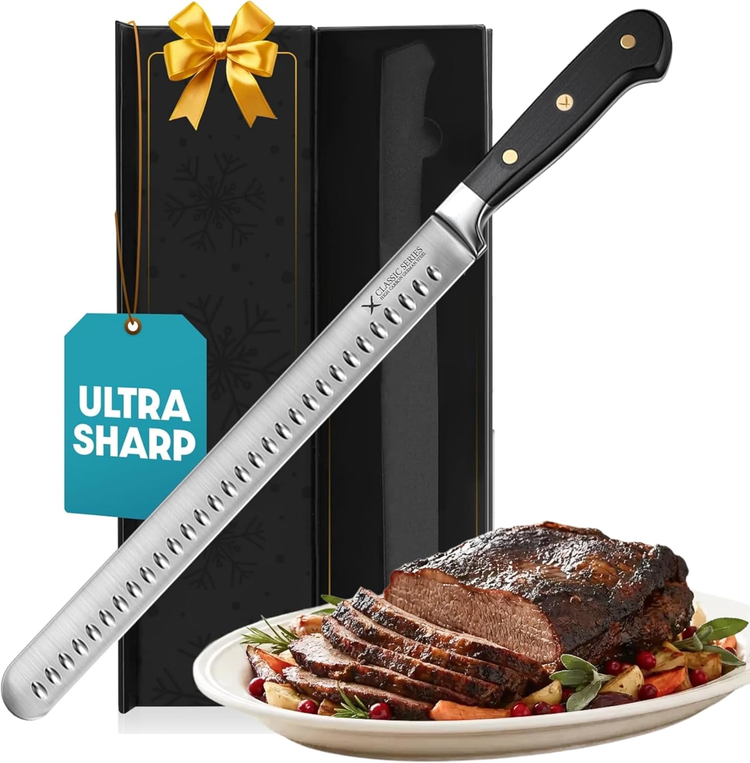Brisket Slicing Knife – 12 Brisket Knife, BBQ, Grilling Gifts For Men – Razor Sharp German Steel, Full Tang, Ergonomic Handle